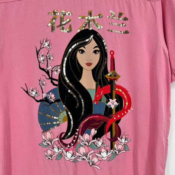Disney Mulan Button Blouse Top XS Pink Embellished Sequin Graphic Princess Rayon - Picture 2 of 10